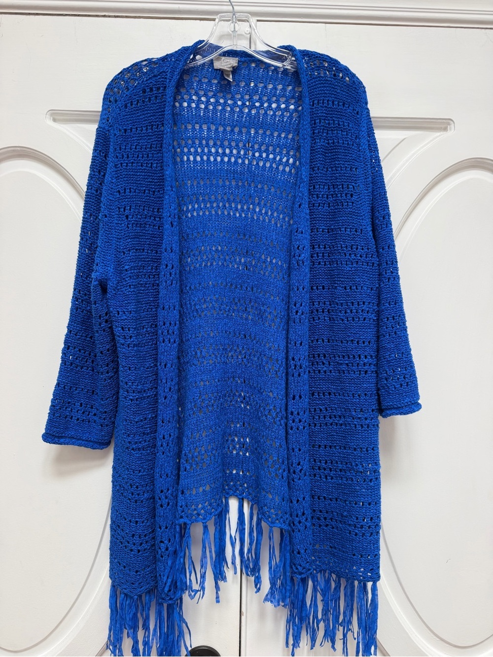 Open-Front Crochet Fringe Sweater Cardigan - Blue 3 XL